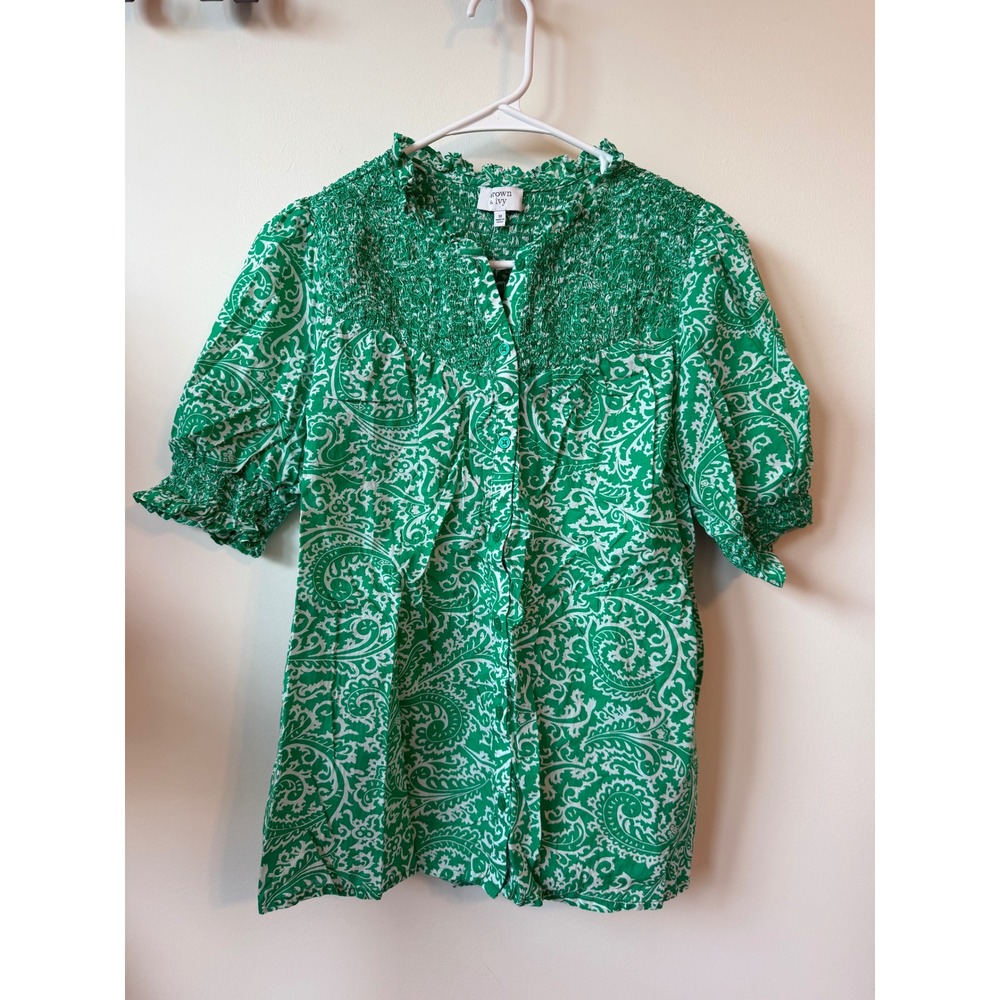 Crown & Ivy Green White Paisley Smocked Puff Sleeve Button Front Blouse Medium